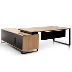 an office desk with two drawers on each side