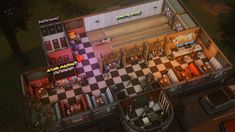 an aerial view of a restaurant with checkered flooring and neon signs on the walls