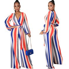 New Striped Print V-neck Sexy Long Sleeve Women Office Elegant Lace Up One Piece Jumpsuits Striped Fitted V-neck Jumpsuit, Multicolor V-neck Jumpsuit For Night Out, Striped Fitted V-neck Jumpsuits And Rompers, Office Elegant, Women Jumpsuit, Lace Bra Set, Tube Top Dress, Cardigan Sweater Coat, Women Office