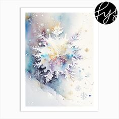 a snowflake is shown in the middle of a watercolor painting with white and blue