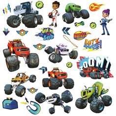 cartoon monster trucks and cars are shown in this image