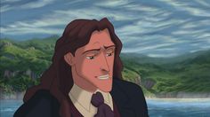 an animated man with long hair wearing a suit and tie, standing in front of water