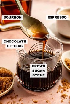 chocolate bitters, brown sugar syrup and espresso are being poured into a glass bowl