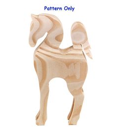 a wooden toy horse with the words pattern only on it's back legs and tail