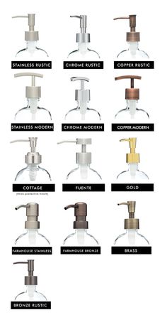 the different types of soap dispensers are labeled in black and white text