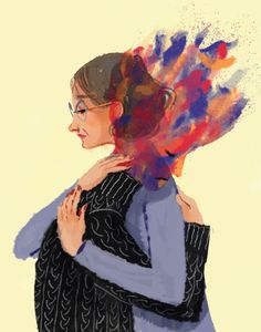 a painting of a woman with her hair blowing in the wind and wearing a sweater