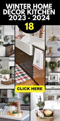 a collage of photos showing kitchen and dining room decor items for winter home decor