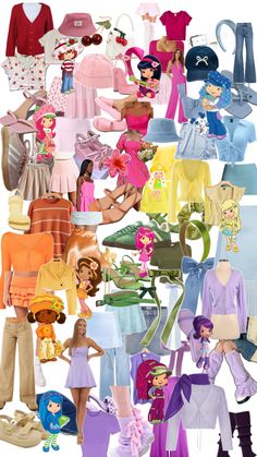 a collage of barbie dolls and clothes