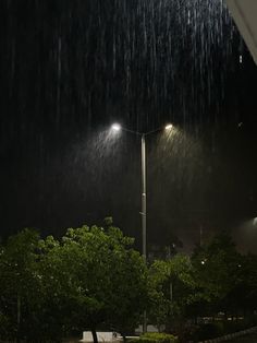 the street lights are lit up in the rain at night, and it is raining