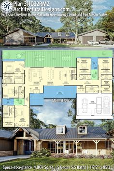 two story house plan with 3 car garages and attached living room, dining area