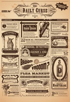 an old fashioned newspaper advertisement with different types of advertisements on the front and back pages