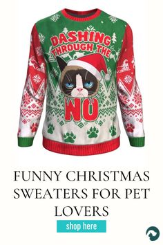 "Are you looking for the perfect Christmas gift for a cat lover? Every purchase helps feed Rescue & Shelter pets!
These cat lover gifts for pet adoption make your gift shopping easy." Before Midnight, Cat Sweatshirt, Shirt Store, Grumpy Cat, Printed Sweater, Christmas Cats, Ugly Sweater, Christmas Sweatshirts, Ugly Christmas