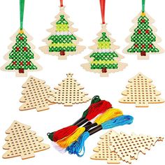 wooden christmas tree ornaments with different colors and designs