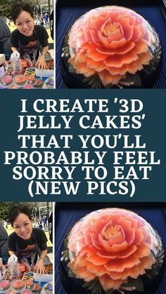 there is a collage of pictures with words about cakes and people around the table