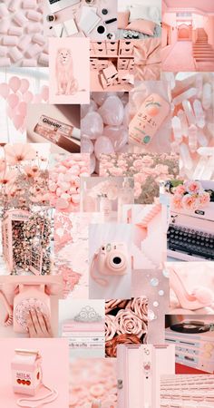 pink and white collage with different items