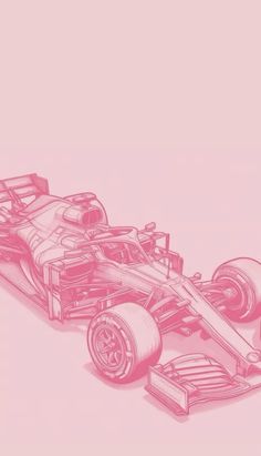 a drawing of a racing car on a pink background with the front wheels facing forward