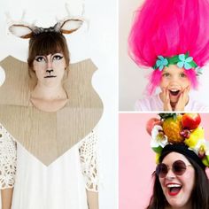 four different pictures of women with weird hair and make - up on their faces, including one woman wearing an antlers headdress