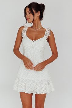 Shop the Shenay Ruffle Strap Embroidered Mini Dress White | Selfie Leslie White Graduation Dress High School, Graduation Dress High School, White Mini Dresses, White Graduation Dress, Mini Dress Graduation, White Mini Dress Graduation, Mini Dress Floral, Embroidered Mini Dress, Dress Graduation