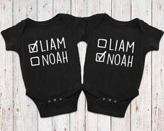 "Need the perfect gift for a new mom of multiples? Look no further! These super cute personalized name onesies are a fun way to celebrate the birth of 2 babies! Don't want to confuse the family with the names of its newest members? Make it easy to keep track of the twins (and all the children). Listing is sold as a SET. You will receive 2 onesies in the package. Example: Quantity \"1\" at checkout will be for two onesies. Available in a variety of colors for boys and girls! :: Red, Kelly Green, Twins Identical, Twin Ideas, Twin Baby Names, Baby Trends, Twin Baby Shower Gifts, Babies Outfits, Twin Onesies, Twin Shirts, Coloring For Boys