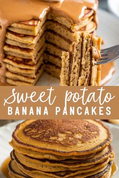 sweet potato and banana pancakes with chocolate frosting on top are the perfect breakfast or brunch treat