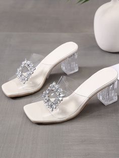 Women Rhinestone Decor Mule Sandals, Glamorous Open Toe Chunky Heeled Mule Sandals Clear Glamorous    Plain Mules   Women Shoes, size features are:Bust: ,Length: ,Sleeve Length: Transparent High Heels, Transparent Heels, Heeled Mule, Bridal Sandals