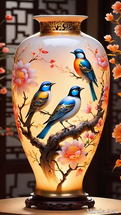 a vase with birds painted on it and flowers in front of the vase is sitting on a table