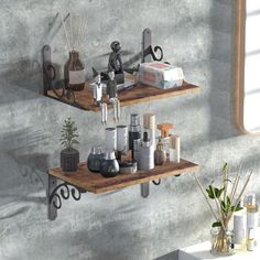 two wooden shelves with metal brackets holding bottles and other items in front of a concrete wall