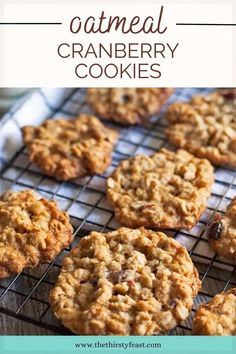 oatmeal cranberry cookies on a cooling rack with text overlay