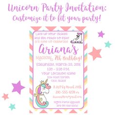 an unicorn birthday party with pink and purple stars on the bottom, and white background