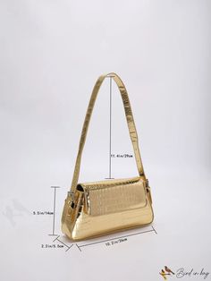 BirdinBag - Croc Print Metallic Baguette Purse Gold Baguette Shoulder Bag For Everyday Use, Chic Gold Baguette Bag For Party, Daily Use Baguette Bag With Gold-tone Hardware, Baguette Bag With Gold-tone Hardware For Shopping, Chic Gold Shoulder Baguette Bag, Chic Gold Baguette Bag, Chic Gold Baguette Shoulder Bag, Gold Baguette Shoulder Bag With Gold-tone Hardware, Trendy Gold Baguette Bag For Party