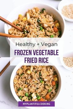 healthy and vegan frozen vegetable fried rice in bowls with chopsticks on the side