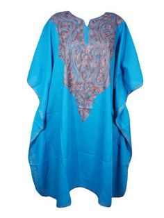 Womens Blue Kaftan Short Dress, Kimono Cotton Embroidered Caftan Dresses L-2X: Experience the beauty of our Womens Blue Kaftan Short Dress. Crafted from soft, breathable cotton, this kimono cotton caftan dress is exquisitely embroidered with elegant floral patterns to create a look that's a perfect blend of traditional style and modern sophistication. Make a statement with this must-have dress today! Feel like a bohemian goddess wearing the handmade, hand embroidered caftans over your bathing su Kaftan Short Dress, Colorful Midi Dress, Caftan Dresses, Blue Kaftan, Kimono Cotton, Embroidered Caftan, Hostess Dresses, Cotton Caftan, Dress Kimono