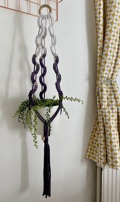 a potted plant hanging from the side of a wall in front of a curtain