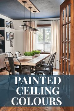 the dining room is painted in blue and white with text overlay that reads painted ceiling colors