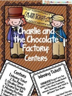 charlie and the chocolate factory center sign with two people holding signs in front of them