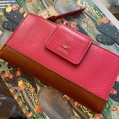 Beautiful Hot Pink And Brown Leather Fossil Wallet For Sale. New Without Tags! Perfectly Holds An Iphone 11 Plus Max Button Adjustments, Tons Of Pockets And Zippers Bright So You Can Find It In Your Purse Quickly. Beautiful Gold Hardware Trendy Pink Leather Wallets, Elegant Pink Wallets With Rfid Blocking, Pink Bifold Travel Bag, Pink Rectangular Bag With Rfid Blocking, Pink Wallets With Cell Phone Pocket For Everyday Use, Everyday Pink Wallets With Cell Phone Pocket, Pink Rectangular Bags With Rfid Blocking, Pink Wallet With Cell Phone Pocket For Daily Use, Everyday Pink Wallet With Cell Phone Pocket