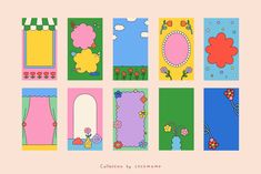 a set of nine colorful door cards with flowers and clouds on them, all in different colors