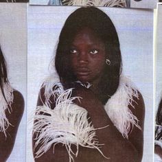 two pictures of a woman with long hair and white feathers on her arms, both showing different facial expressions