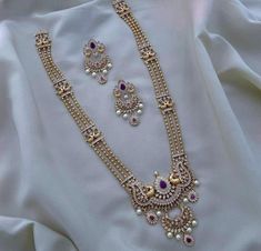 22K Gold Plated Long Necklace Indian Bollywood Wedding Earring Pearl Jewelry Set | eBay Rani Har, South Indian Temple, Pakistani Bridal Jewelry, Rani Haar, Glam Jewelry, Temple Jewelry, Bridal Elegance, Pearl Earrings Wedding, Indian Temple