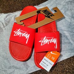 Nike Benassi X Stussy Slides Cw2787 600 Men's Sz 10 Women's 11.5 Nib Ds Cheap Nike Slides With Cushioned Footbed, Sporty Slides With Red Sole And Round Toe, Nike Slides With Cushioned Footbed, Red Slides With Rubber Sole And Round Toe, Stussy Slides, Nike Slides Men, Red Cushioned Slides For Streetwear, Red Kappa Slides, Red Slip-on Slides With Rubber Sole