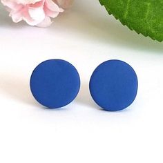 pair of blue round earrings next to pink flower