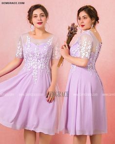 Custom Lilac Chiffon Knee Length Party Dress with Flowers Short Sleeves High Quality Purple Short Sleeve Chiffon Dress, Knee-length Chiffon Dress For Wedding, Purple Chiffon Short Sleeve Dresses, Knee-length Chiffon Wedding Dress, Fitted Chiffon Dress With Illusion Neckline, Short Sleeve Chiffon Bridesmaid Dress For Party, Wedding Guest Dresses Plus Size, Homecoming Dresses Modest, Modest Homecoming Dresses