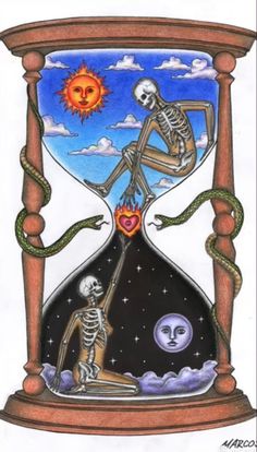 a drawing of a skeleton in an hourglass with the sun and moon behind it