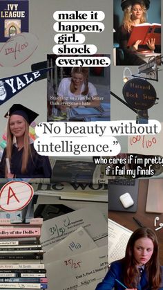 a collage of images with words and pictures on them, including an image of a woman sitting at a desk