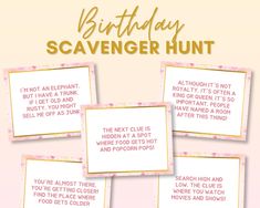 birthday scavenger hunt cards with pink and gold lettering on them, in four squares