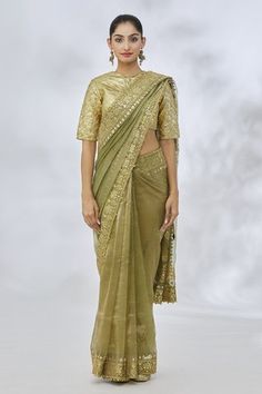 Shop for Itrh Green Silk Tissue Flower Vine Embroidered Saree With Blouse for Women Online at Aza Fashions Vine Embroidery, Gold Saree, Textured Blouse, Tissue Flowers, Embroidered Saree, Round Flower, Pattern Embroidery, Blouse For Women, Flowering Vines