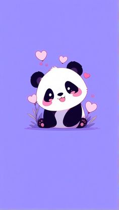 a panda bear sitting in the grass with hearts