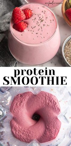 two pictures with the words protein smoothie on them