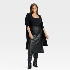 Fall Night Out Midi Pencil Skirt, Sleek Knee-length Faux Leather Skirt, Sleek Midi Skirt For Fall, Faux Leather Knee-length Skirt For Work, Knee-length Faux Leather Skirt For Work, Sleek Pencil Skirt For Fall, Sleek Solid Color Skirt For Fall, Sleek Solid Color Fall Skirt, Sleek Fall Skirt