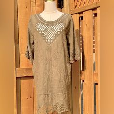 Farm Rio Olive Green Crochet Tunic Dress Oversized Lightweight Cotton Tunic From Farm Rio, Featuring Intricate Crochet Embroidery Around Neckline And Bust And Embroidered Lace Detailing On Sleeve And Dress Hemline. Composition 100% Cotton Size Size Large See Photos For Approximate Measurement (Pit-To-Pit) N.B. Care & Composition Label Tags Have Been Cut To Prevent Return To Retailer. Brand Tags (Farm Rio Label) Fully Intact Bnwt Brand New, Never Worn Inclusions: No Tags Attached. As Is. Msrp $ 255 All Our Items Are Authentic. We Are A Shopping Collective Of Friends Working In The Fashion Industry Around The World, Based In Toronto Check Crochet Tunic Dress, Intricate Crochet, Green Crochet, Crochet Embroidery, Crochet Tunic, Cotton Tunic, Farm Rio, Fashion Industry, Brand Tags